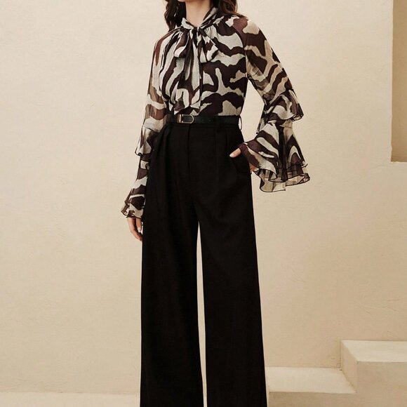 Women's Elegant Raglan Flare Sleeve Round Neck Semi-Sheer zebra print blouse - Picture 3 of 8